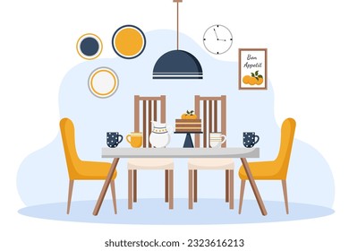 Modern style kitchen in navy blue, orange and white tones. Interior and furniture collection. Scandinavian design. Vector cartoon flat illustration