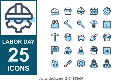 Modern Style Labor Day Set.Lineal Color.Enthält Hammer, Schraubenschlüssel,Bolzen,Mayday,Calendar,Pickaxe,Fist,Wheel Barrow,Spade,Barrier,Flag.Vector Illustration.