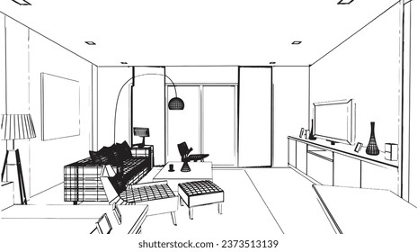 modern style living room line drawing,3d rendering