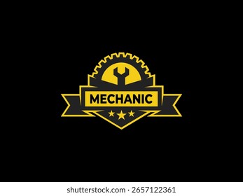 Modern style logo with emblem shape. There are gear and wrench shapes