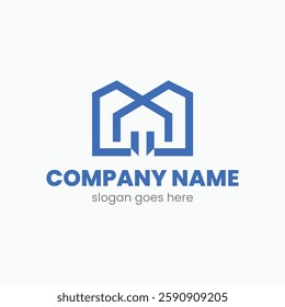 Modern style logo template combining the shapes of houses and buildings arranged geometrically to form the letter M