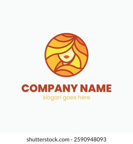 Modern style logo template of a woman's face inside a circle with beautiful hair