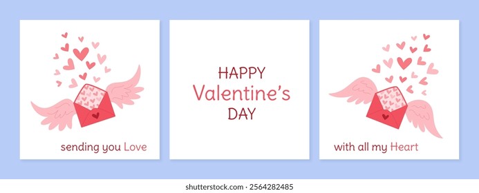 Modern style love romantic postcard design set, trendy valentine's day craft post card banner, flat handmade mail with cute wing and heart flyer collection, cartoon romantic envelope concept