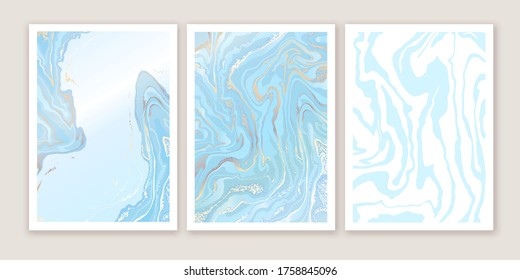 Modern style marble background.  Blue, white, golden liquid wavy texture. Luxury marbling backdrop, card, cover.