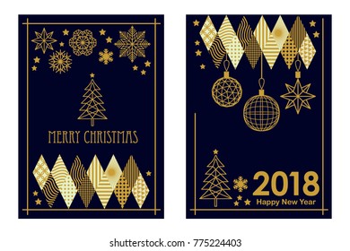 Modern style Merry Christmas and Happy New Year cards. Linear fir tree, snowflakes and decorations on black background. Set for festive covers, banners, posters, invitations.