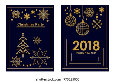 Modern style Merry Christmas and Happy New Year cards. Linear fir tree, snowflakes and decorations on black background. Set for festive covers, banners, posters, invitations.