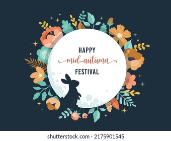 Modern style Mid Autumn Festival. Traditional flowers, full moon and bunnies. Translation: Happy mid autumn festival. Vector Illustration