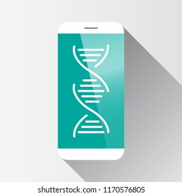 Modern style mobile phone with DNA or genetic icon on screen. Flat design medical vector illustration.