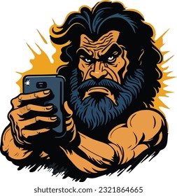 modern style, muscle man with smartphone taking selfie, t-shirt design, thick beard, modern day, concept