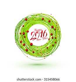 Modern style New Year wreath with calligraphy. Winter holidays modern circle symbol. Vector sketch.
