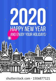 Modern style numbers 2020 with cityscape of worlds most popular tourist attractions and happy New Year greetings on blue background. Modern vector illustration for printed matter or web design