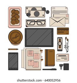 Modern style office workspace items, color & lines