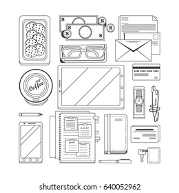 Modern style office workspace items, lines