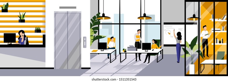 Modern style office workspace and working business people. Vector flat cartoon illustration. Open space contemporary interior design.
