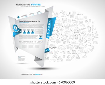 Modern Style Origami Web Template Design with Infographic design elements on the background made by hand drawn sketches.