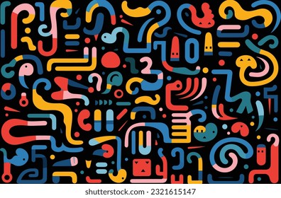 modern style pattern of colored fonts on a black background, in the style of organic shapes and curved lines, happy expressionism