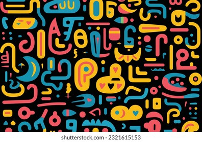 modern style pattern of colored fonts on a black background, in the style of organic shapes and curved lines, happy expressionism