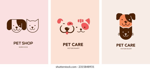 Modern style pets logos, icons. Dog, cat vector illustrations and symbols