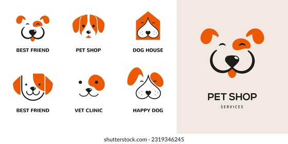 Modern style pets logos, icons. Dog, cat vector illustrations and symbols