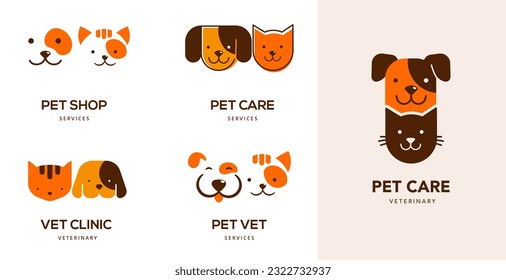 Modern style pets logos, icons. Dog, cat vector illustrations and symbols