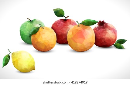 Modern style polygonal fruits with leaf, isolated on the white background with soft shadow vector background