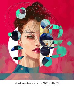 Modern style portrait of a lady with red background and circles