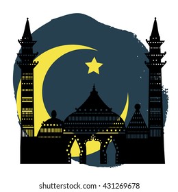 Modern style Ramadan Kareem contour silhouette illustration. Eid mubarak party card. iftar party