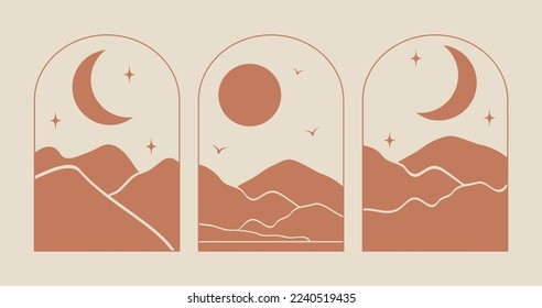 Modern style Ramadan Mubarak card with moon and desert.