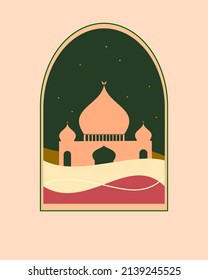 modern style Ramadan Mubarak greeting card with retro boho design, ramadan month and mosque dome,