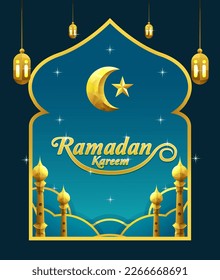 Modern style Ramadan Mubarak greeting card, moon, mosque dome and lantern