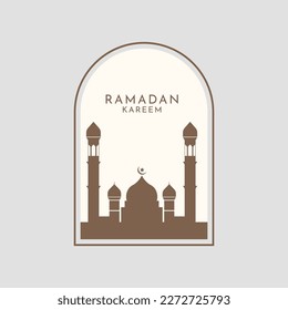 modern style Ramadan Mubarak greeting cards with retro boho design, moon, mosque dome and lanterns