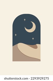 Modern style Ramadan Mubarak greeting card with retro design, moon and desert