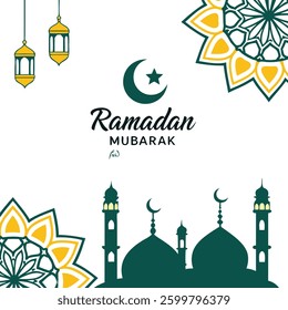 modern style Ramadan Mubarak greeting cards with retro Boho design. Windows and arches with moon, mosque dome and lanterns
