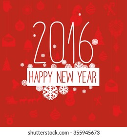 Modern style red color scheme new year greetings card on red background with white snowflakes. Flat design element. 2016 new year greetings