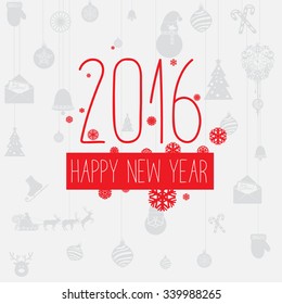 Modern style red gray  color scheme new year greetings card on light-gray background with gray elements and red snowflakes. Flat design element. Bright mood.  2016 new year greetings