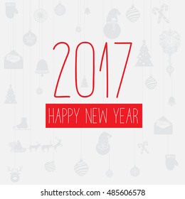 Modern style red gray color scheme new year greetings card on light-gray background with gray elements and red snowflakes. Flat design element. Bright mood. 2017 new year greetings