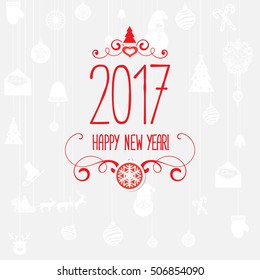 Modern style red gray color scheme new year greetings card badge on light-gray background with gray elements, swirls and snowflake. Flat design element. Bright mood. 2017 new year greetings