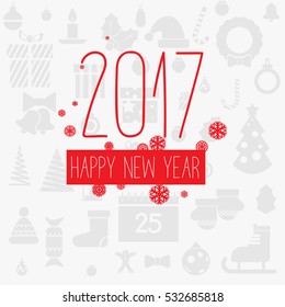 Modern style red gray color scheme new year greetings card on light-gray background with gray flat christmas icons and red snowflakes. Flat design element. Bright mood. 2017 new year greetings