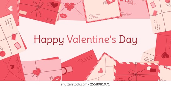 Modern style romantic letter valentine concept, creative craft envelope with heart and lips background, happy valentine's day cute postcard flyer, flat love mail banner, cartoon post card poster.