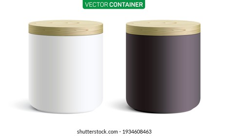 Modern style round ceramic containers, covered with a wooden lid. Vector illustration of white and black canisters for tea, coffee, sugar, flour, wheat, or cereal, standing on a white background.