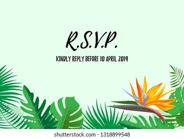 Modern style RSVP wedding invitation card with tropical exotic flower frame background, floral elements label. Vector design template, isolated. Save the Date Welcome card in trendy with palm plant.