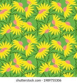 Modern style seamless pattern with random yellow daisy flower elements. Green background. Bloom print. Designed for fabric design, textile print, wrapping, cover. Vector illustration.