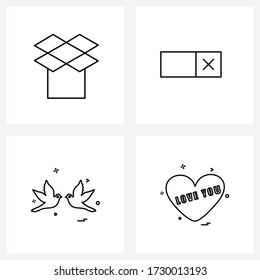Modern Style Set of 4 line Pictograph Grid based box; heart; button; interface; love birds Vector Illustration