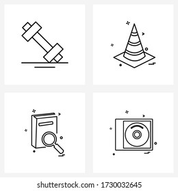 Modern Style Set of 4 line Pictograph Grid based dumbbell; glass; fitness; diversion; cd Vector Illustration