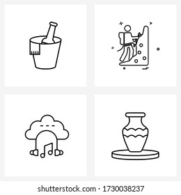 Modern Style Set of 4 line Pictograph Grid based bottle in bucket; cloud music; drink; climber; activities Vector Illustration