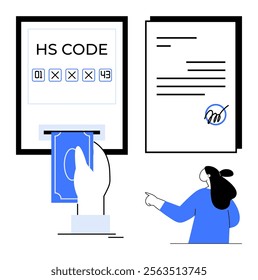 Modern style showing a hand inserting money into an HS code machine displaying codes, a signed document in the background, and a person pointing. Ideal for trade, compliance, finance, logistics