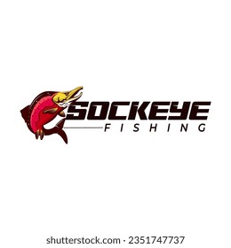 Modern Style of Sockeye Salmon Fish Logo vector Jumps out from the water. Amazing for your outdoor fishing Activity.