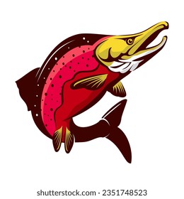 Modern Style of Sockeye Salmon Fish Logo vector Jumps out from the water. Amazing for your outdoor fishing Activity.