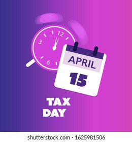 Modern Style Tax Day Reminder Concept, Blue and Purple Calendar Design with Clock - USA Tax Deadline Template, Due Date for IRS Federal Income Tax Returns: 15 April