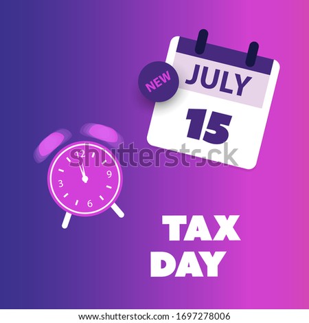 Modern Style Tax Day Reminder Concept, Blue and Purple Calendar Design with Clock - US Tax Deadline Template, New Extended Date for IRS Federal Income Tax Returns: 15 July 2020
